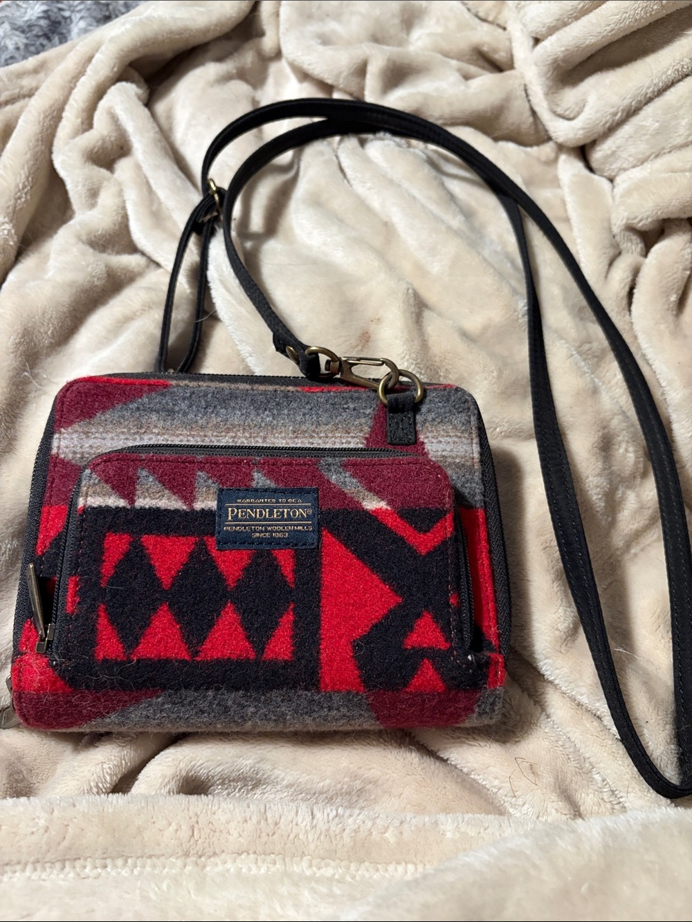 Pendleton Red, Black & Gray Wool Crossbody Bag with Leather Strap